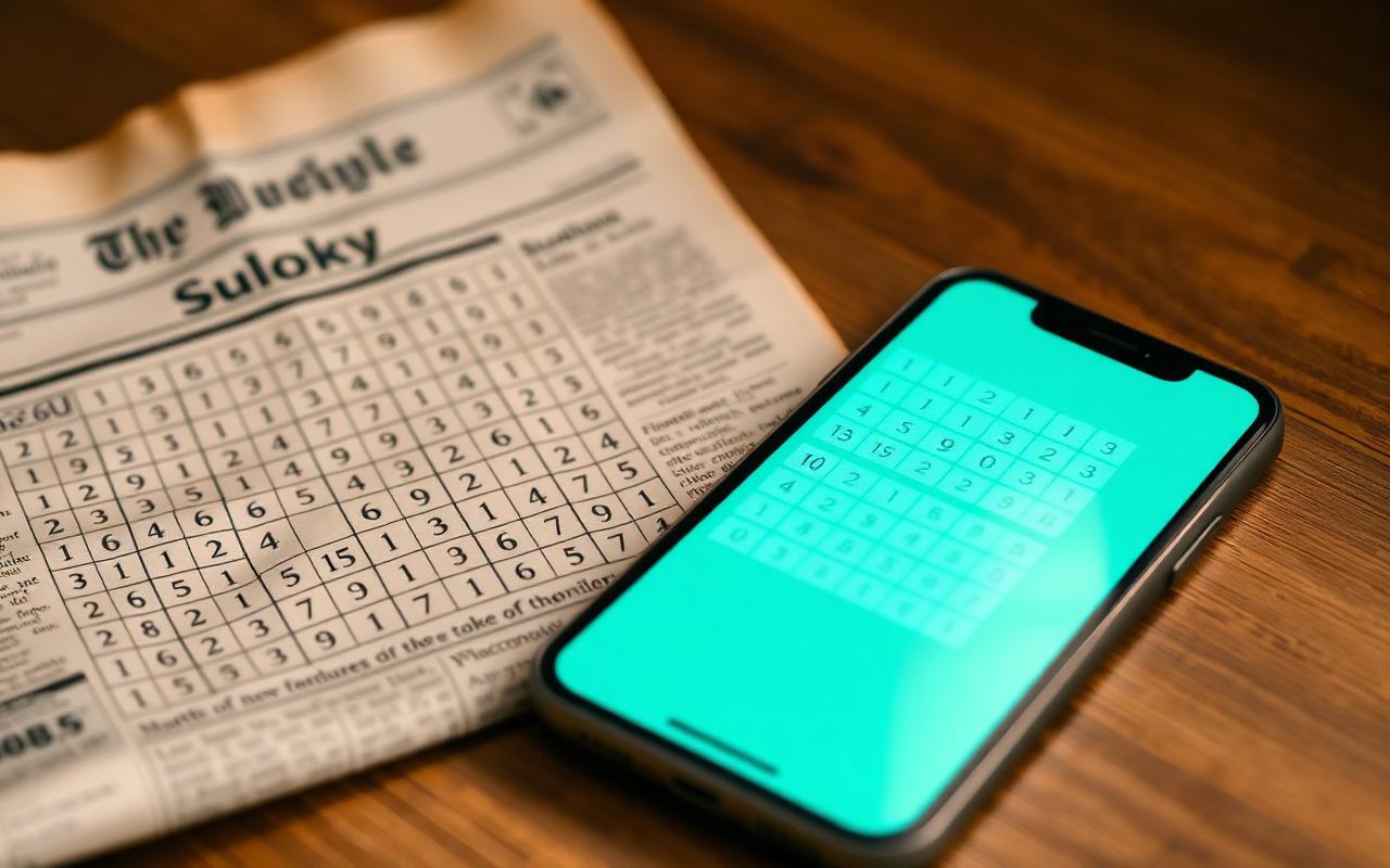 Newspaper sudoku next to a modern phone
