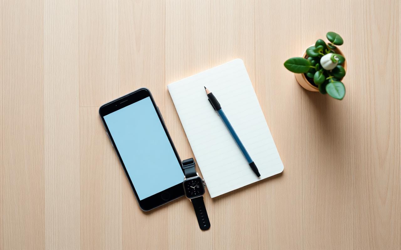 Minimal flatlay with phone, watch and notebook