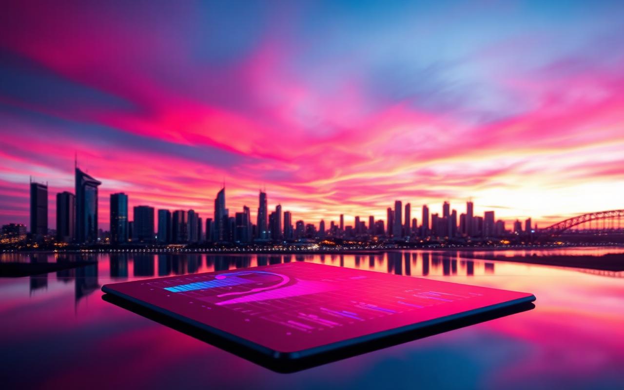 City skyline at dusk with data charts