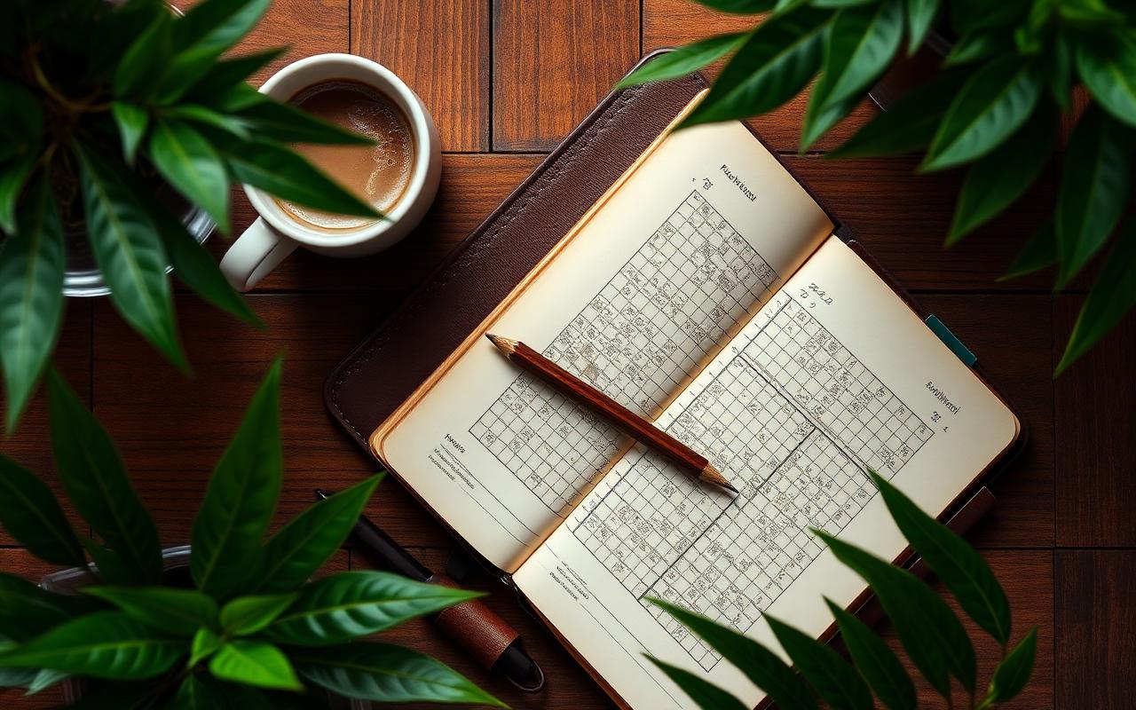 Notebook with sudoku, coffee and plants