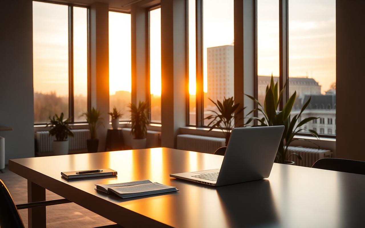 Modern Warsaw office at golden hour
