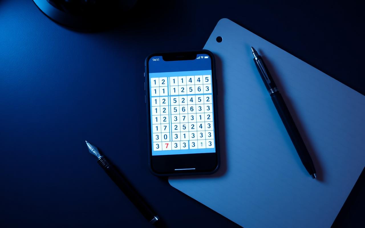 Phone with sudoku grid on dark desk